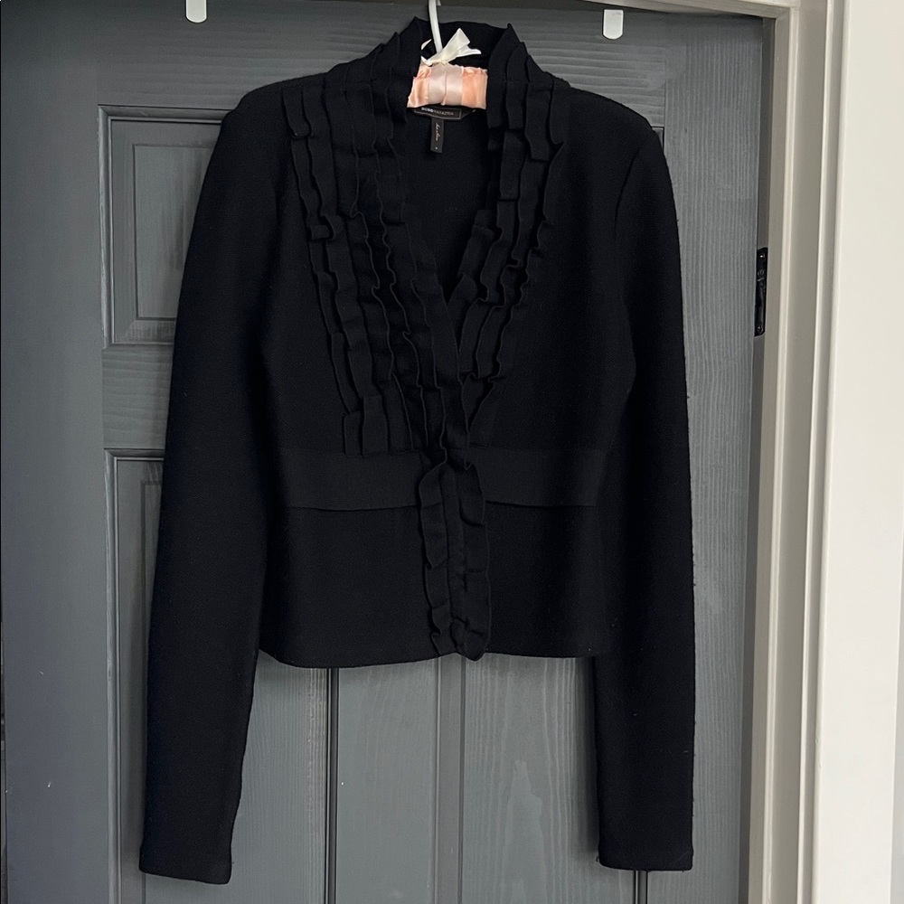 BCBG Maxazria Black Ruffled Sweater Cardigan Jacket, size small